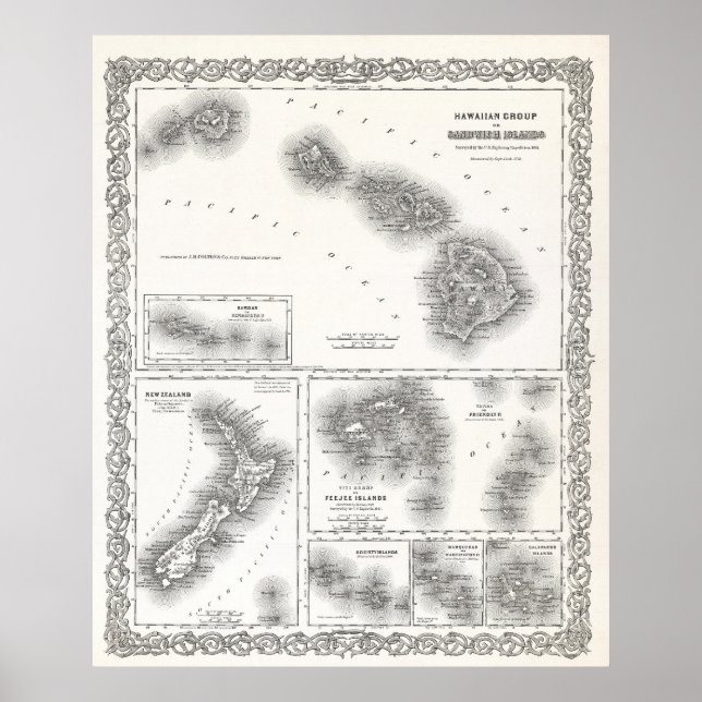 SYDPACIFIC & HAWAII ÖARNA KARTA 1855 POSTER (Framsidan)