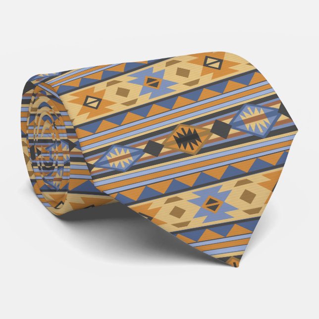 Sydvästdesignens Guld Blue Grått Tribal Mönster Slips (Rullad)