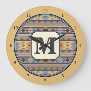 Sydvästdesignens Guld Blue Grått Tribal Mönster Stor Klocka