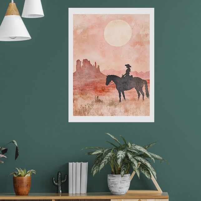 Sydvästlig Cowgirl Siluett Öken Sol Konstverk Poster (Vardagsrum 1)
