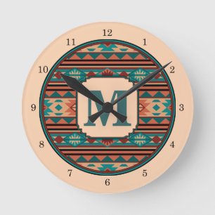 Sydvästlig design Turquise Terracotta Monogram Rund Klocka