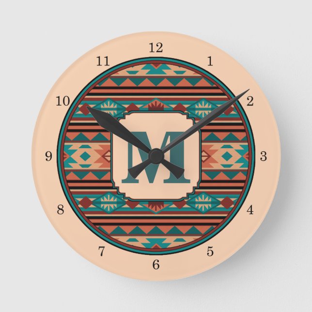 Sydvästlig design Turquise Terracotta Monogram Rund Klocka (Framsida)