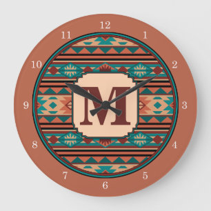 Sydvästlig design Turquise Terracotta Monogram Stor Klocka