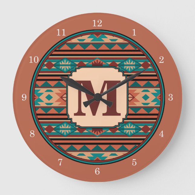 Sydvästlig design Turquise Terracotta Monogram Stor Klocka (Framsida)