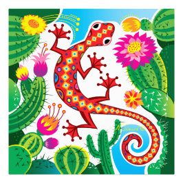 Sydvästlig gecko med kaktusblommor fototryck