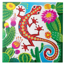 Sydvästlig gecko med kaktusblommor kakelplatta