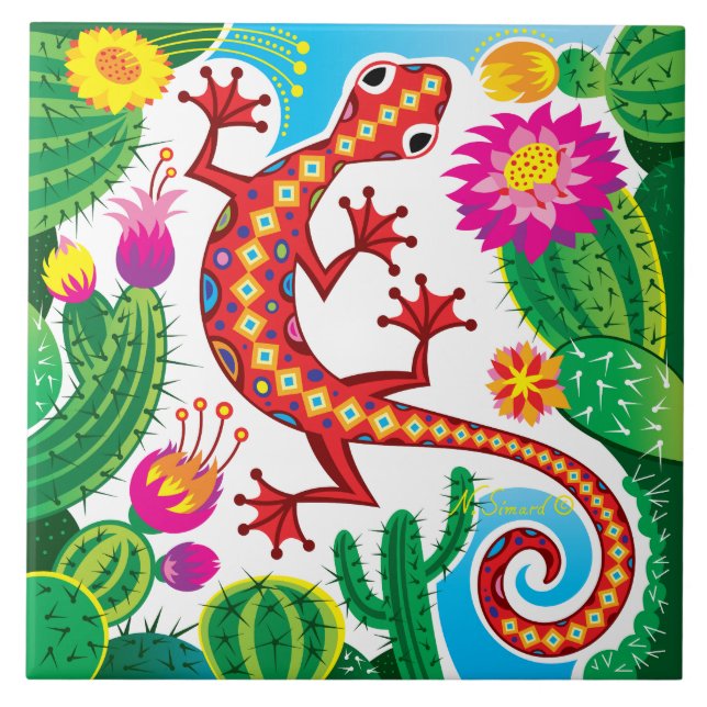Sydvästlig gecko med kaktusblommor kakelplatta (Framsidan)