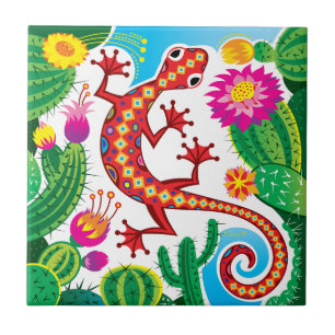 Sydvästlig gecko med kaktusblommor kakelplatta