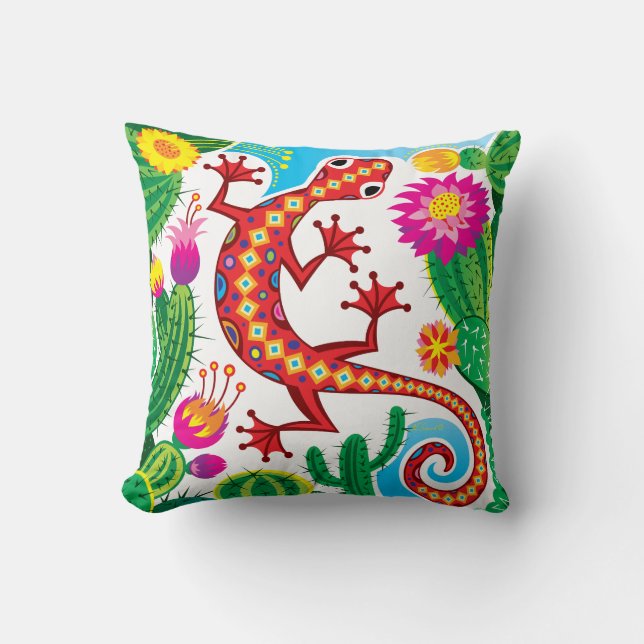 Sydvästlig gecko med kaktusblommor kudde (Framsida)