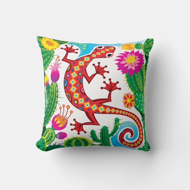 Sydvästlig gecko med kaktusblommor kudde (Framsida)