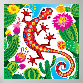 Sydvästlig gecko med kaktusblommor poster