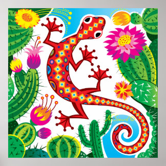 Sydvästlig gecko med kaktusblommor poster