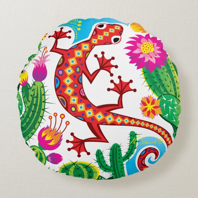 Sydvästlig gecko med kaktusblommor rund kudde (Framsidan)