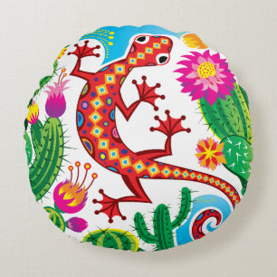 Sydvästlig gecko med kaktusblommor rund kudde
