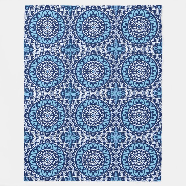 Sydvästlig solmandala batik, marinblå och vit fleecefilt (Framsidan)