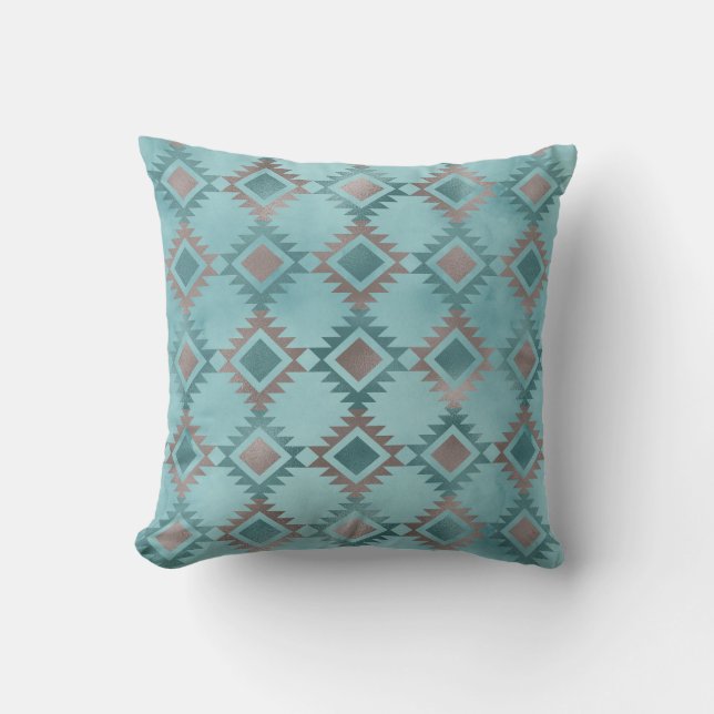 Sydvästra Aztec Mönster Teal Blue Kudde (Framsida)