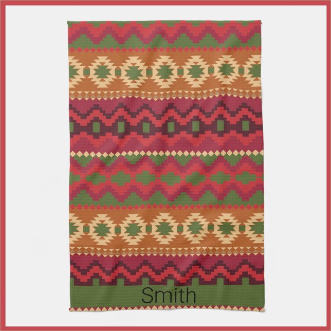 Sydvästra Aztec Stil Rosa Grönt och Brown Kökshandduk (Bookmark my store! https://www.zazzle.com/store/capricepetit)