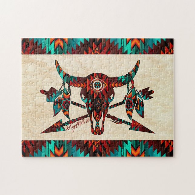 Sydvästra Buffalo Skull och pilar Jigszle Puzzle Pussel (Horisontell)