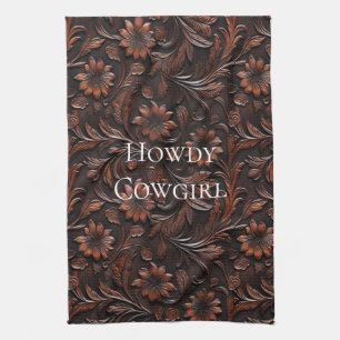 Sydvästra Faux Brown Leather Cowhide Flowers Kökshandduk