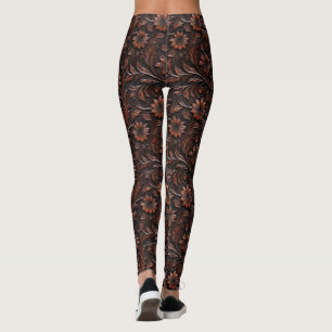 Sydvästra Faux Brown Leather Cowhide Flowers Leggings