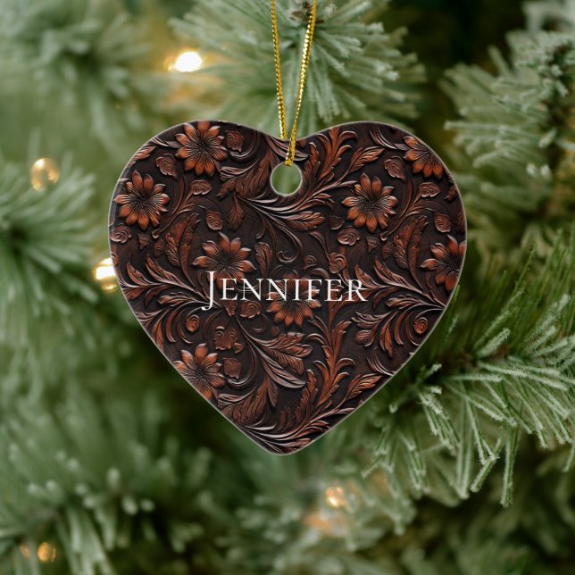 Sydvästra Faux Brown Leather Cowhide Flowers Namn Julgransprydnad Keramik (Träd)