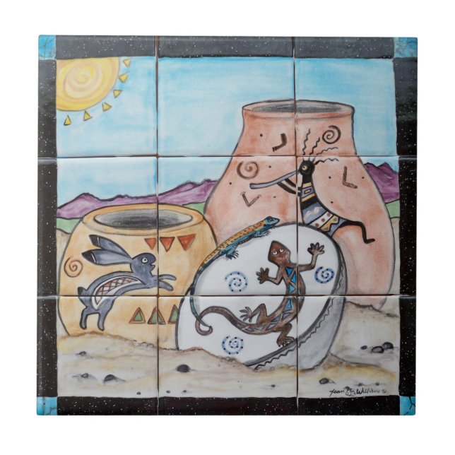 Sydvästra indiska pottery Kokopelli Lizard Rabbit Kakelplatta (Framsidan)