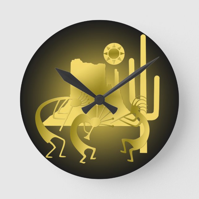 Sydvästra Kokopelli i Black & Guld Rund Klocka (Framsida)