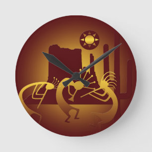 Sydvästra Kokopelli i Burgundy och Guld Rund Klocka