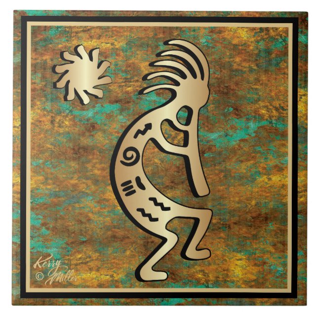 Sydvästra Kokopelli och Sol keramiskt plattor Kakelplatta (Framsidan)