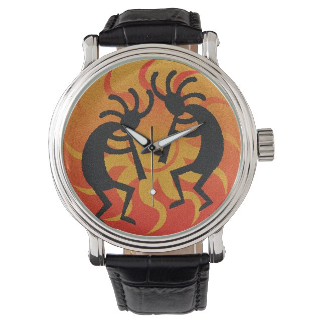 Sydvästra Kokopelli Orange Black Tribal Sol Armbandsur (Framsida)