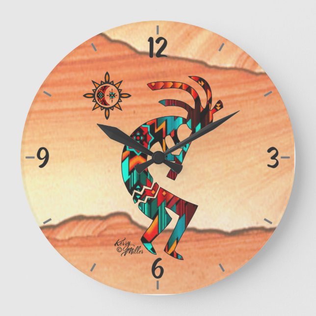 Sydvästra Kokopelli Round Wall Clock Stor Klocka (Framsida)