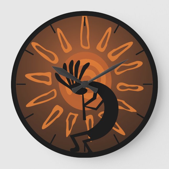 Sydvästra Kokopelli Sol Rustic Round Clock Stor Klocka (Framsida)