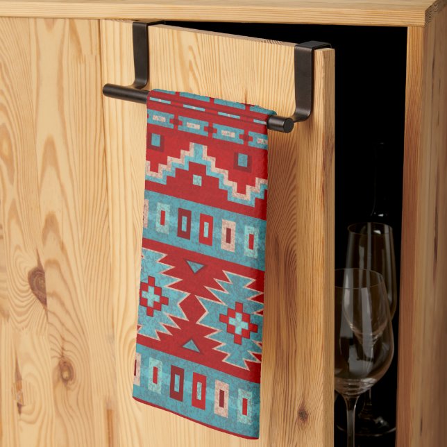 Sydvästra Mesas Turcouise & Red Kökshandduk (Thirds Fold)