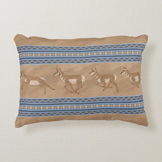 Sydvästra Pronghorn Antelope Blue och Brown Gräns Prydnadskudde (Framsidan)