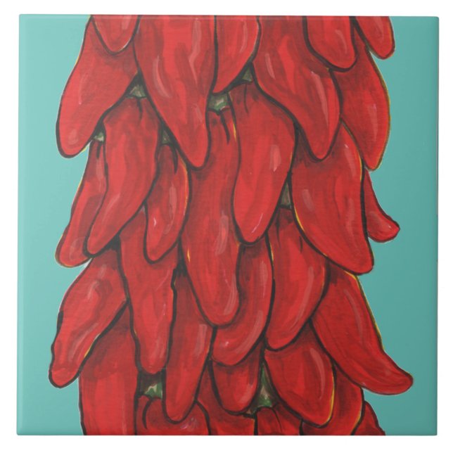 Sydvästra Red Chili Pepper Ristra Mitten Turquise Kakelplatta (Framsidan)
