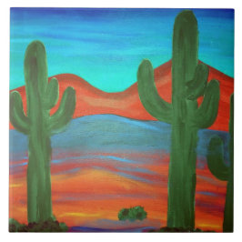 Sydvästra Saguaro Solnedgångsmålning Kakelplatta