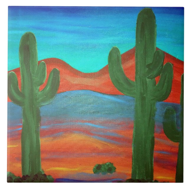 Sydvästra Saguaro Solnedgångsmålning Kakelplatta (Framsidan)