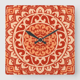 Sydvästra Sol Mandala Batik, korallOrangen Fyrkantig Klocka