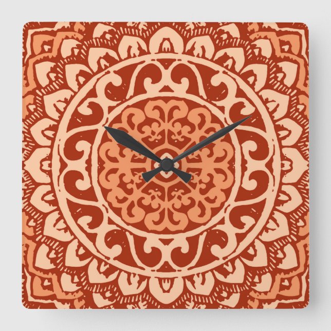 Sydvästra Sol Mandala Batik, korallOrangen Fyrkantig Klocka (Framsida)