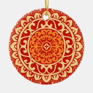 Sydvästra Sol Mandala Batik, korallOrangen Julgransprydnad Keramik