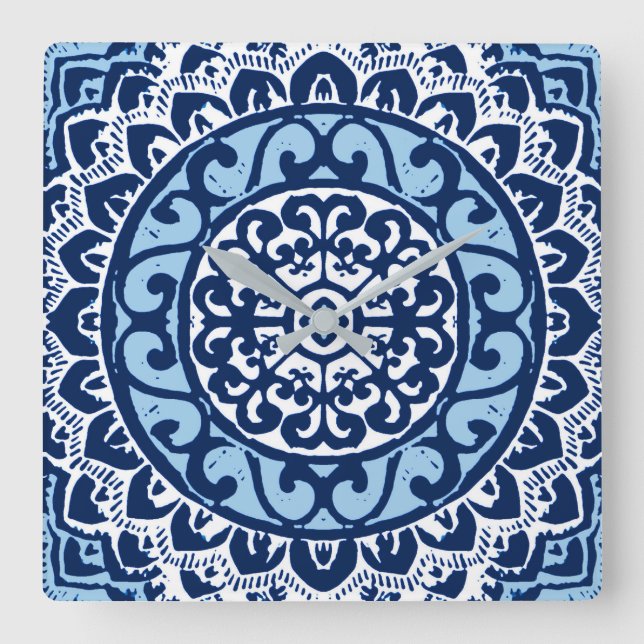 Sydvästra Sol Mandala Batik, marinblå och vit Fyrkantig Klocka (Framsida)