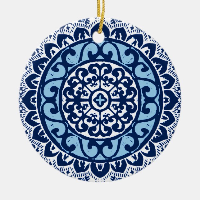 Sydvästra Sol Mandala Batik, marinblå och vit Julgransprydnad Keramik (Framsidan)