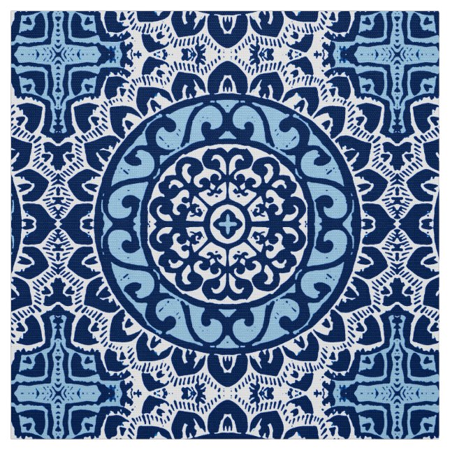 Sydvästra Sol Mandala Batik, marinblå och vit Tyg (Provkarta)