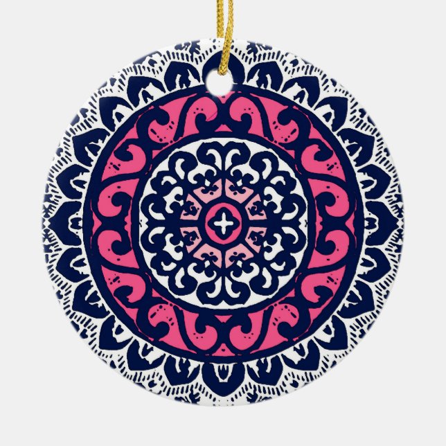 Sydvästra Sol Mandala, Fuchsia, flottan och vit Julgransprydnad Keramik (Framsidan)