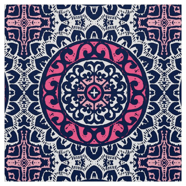 Sydvästra Sol Mandala, Fuchsia, flottan och vit Tyg (Provkarta)