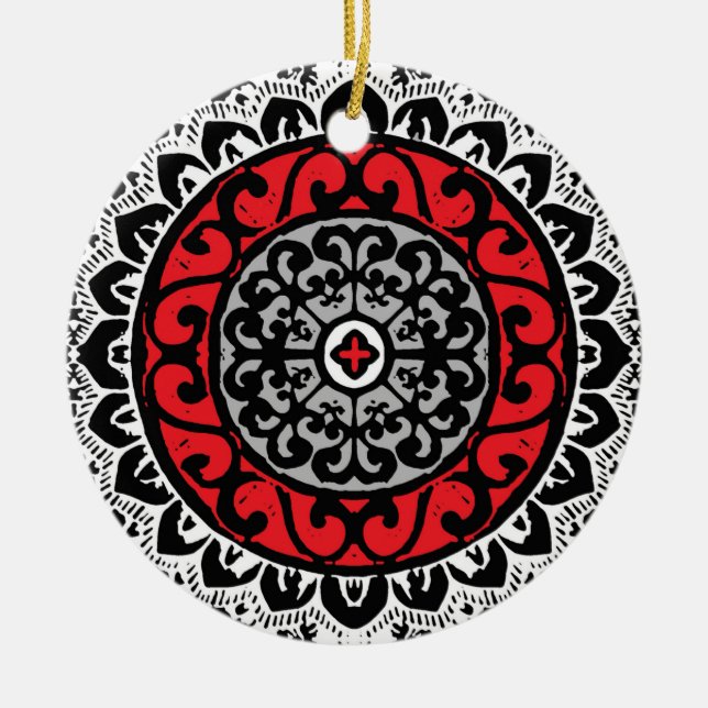 Sydvästra Sol Mandala, Red, Black & White Julgransprydnad Keramik (Framsidan)
