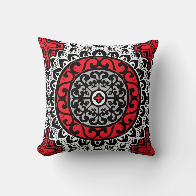 Sydvästra Sol Mandala, Red, Black & White Kudde (Framsida)