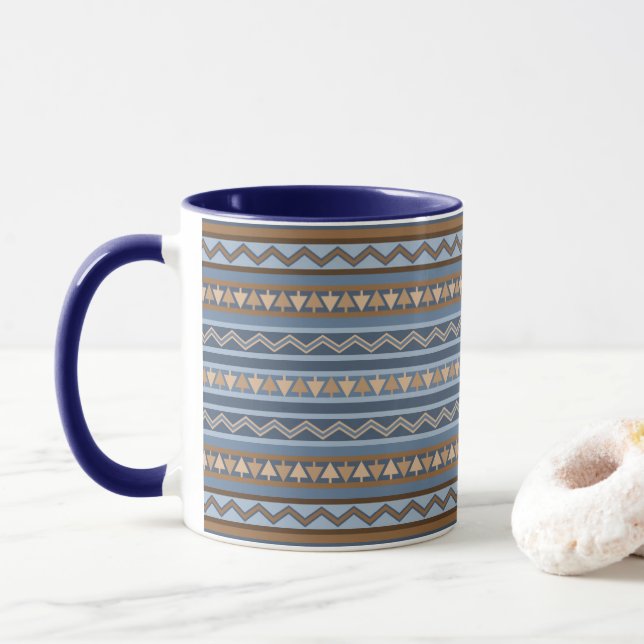 Sydvästra Stil Blue och Brown Geometric Mönster Mugg (Med munk)