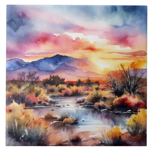 Sydvästra Sunset & Mountains Watercolor Stil Kakelplatta (Framsidan)