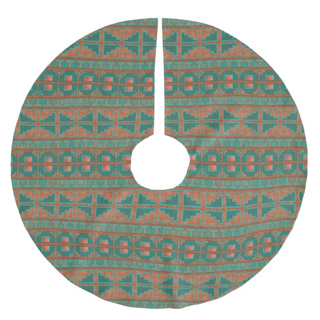 Sydvästra Teal Copper Färg Geometric Mönster Julgransmatta Borstad Polyester (Framsidan)